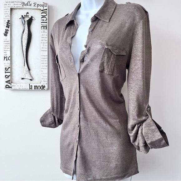 Gerard Darel 100% Linen Mocha Brown Button Down Minimalist Top Size L - Picture 3 of 10